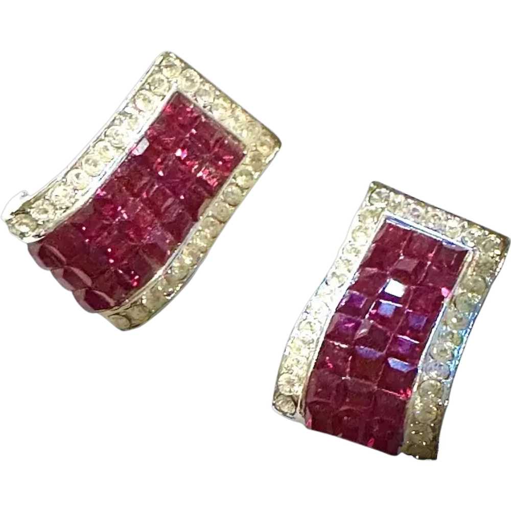 Vtg Invisibly Set Ruby Rhinestone CLIP EARRINGS ~… - image 1