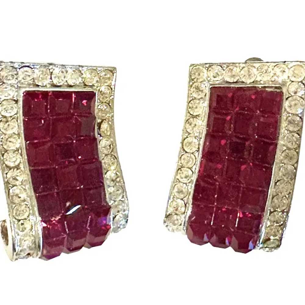 Vtg Invisibly Set Ruby Rhinestone CLIP EARRINGS ~… - image 2