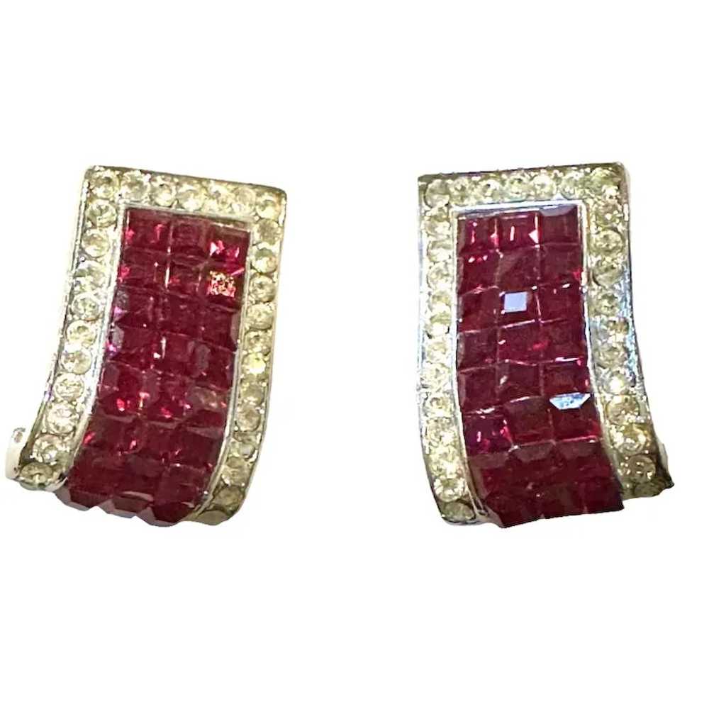 Vtg Invisibly Set Ruby Rhinestone CLIP EARRINGS ~… - image 3