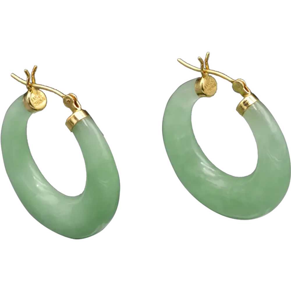 Vintage 14k Gold and Jadeite Jade Hoop Earrings - image 1