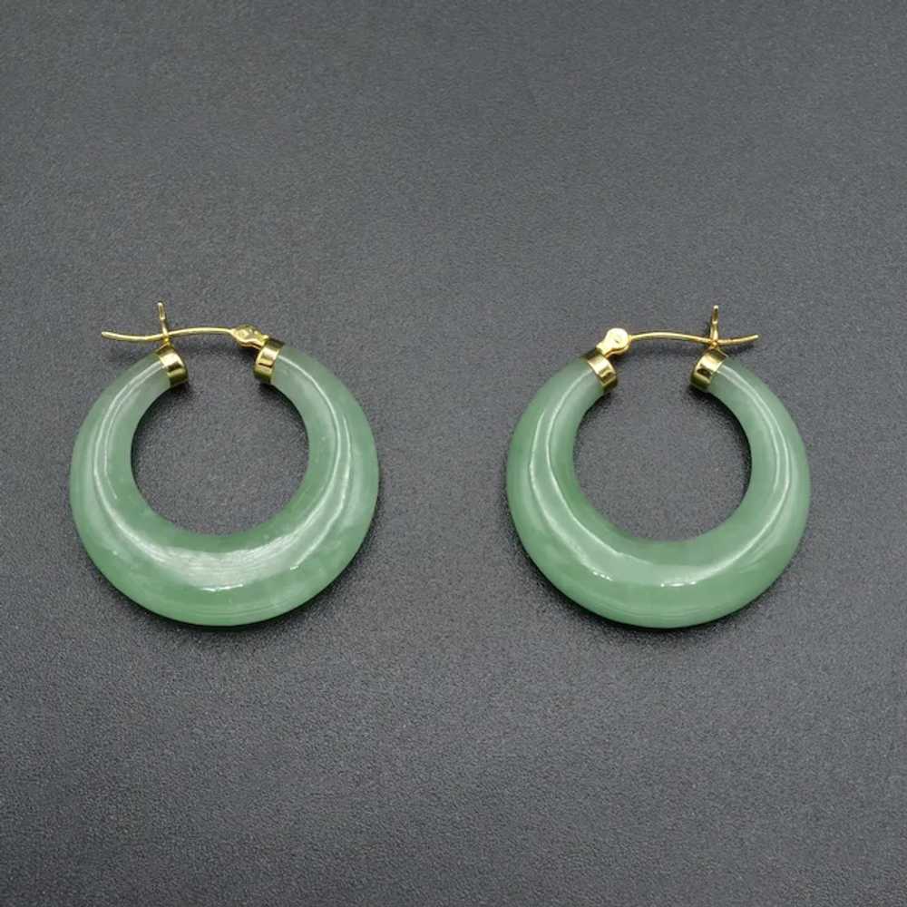 Vintage 14k Gold and Jadeite Jade Hoop Earrings - image 2