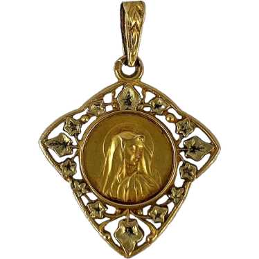 French Virgin Mary Ivy Leaf 18K Yellow Gold Medal 