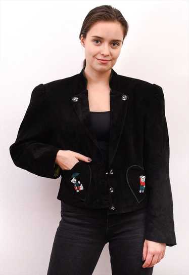 Women M Trachten Suede Leather Embroider Jacket Bl