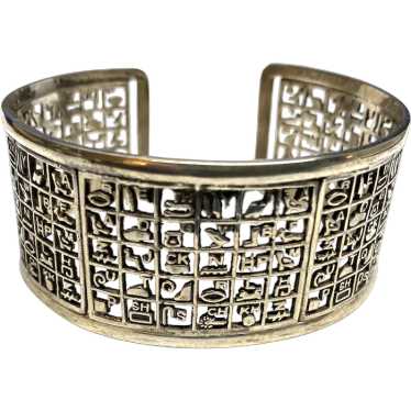 Vintage Egyptian Revival Hieroglyphic Silver Cuff… - image 1
