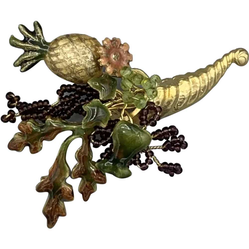 Vintage Cornucopia Thanksgiving Fall Brooch Pin E… - image 1