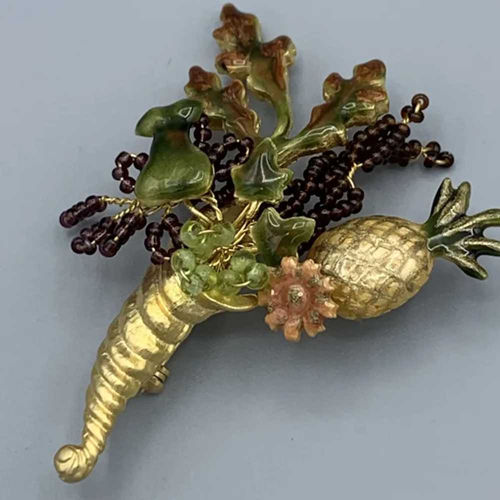 Vintage Cornucopia Thanksgiving Fall Brooch Pin E… - image 2