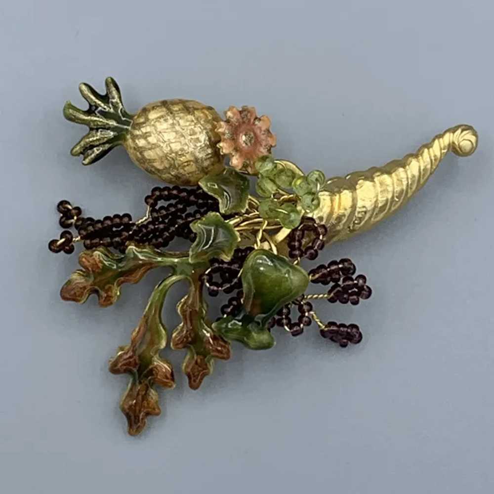 Vintage Cornucopia Thanksgiving Fall Brooch Pin E… - image 4