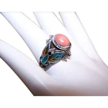 China Silver Enamel and Pink Coral Cab Butterfly … - image 1