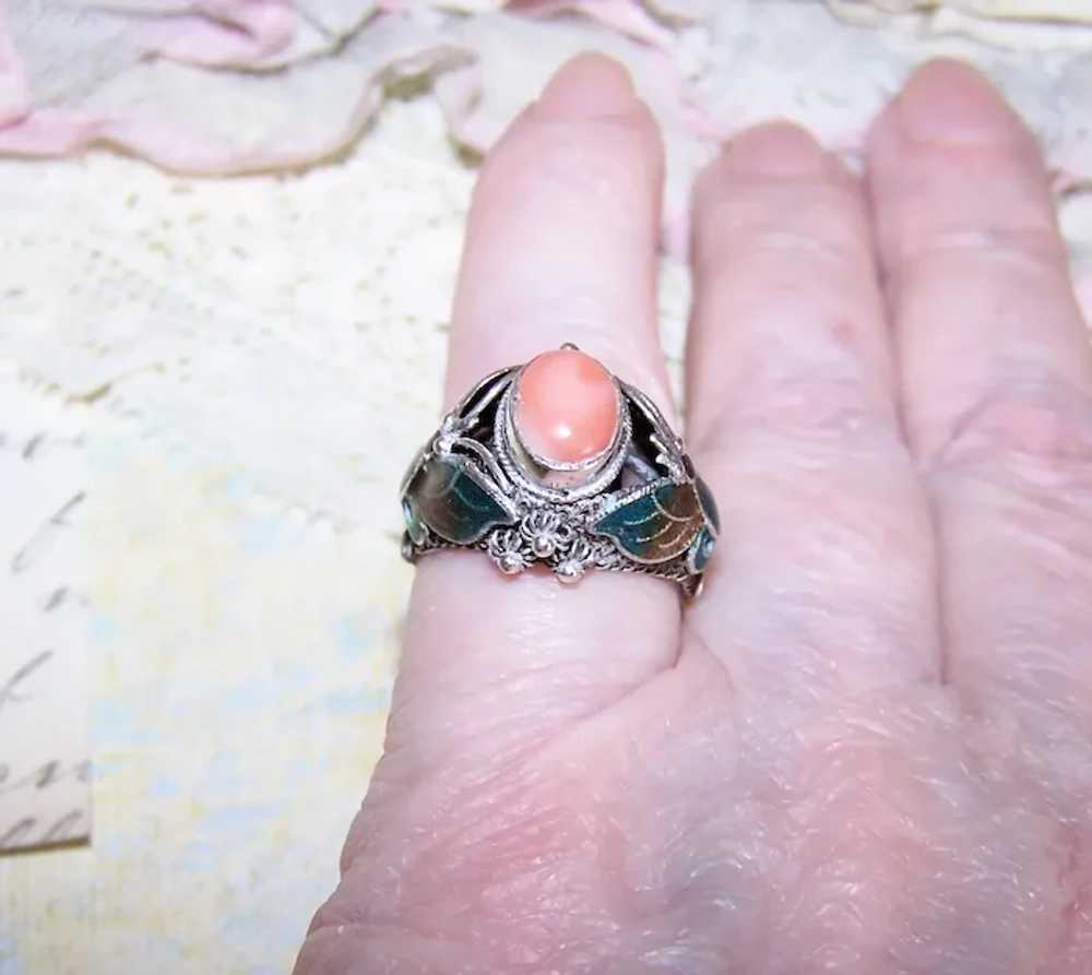 China Silver Enamel and Pink Coral Cab Butterfly … - image 2