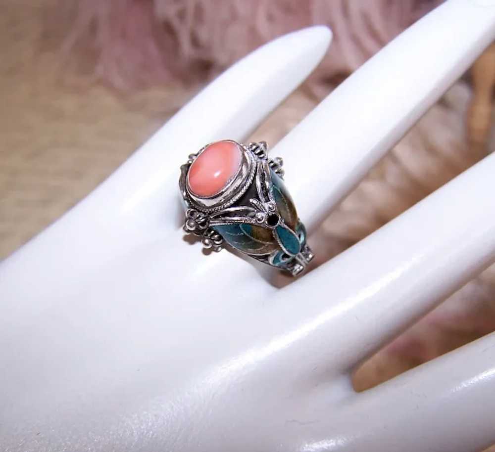 China Silver Enamel and Pink Coral Cab Butterfly … - image 6