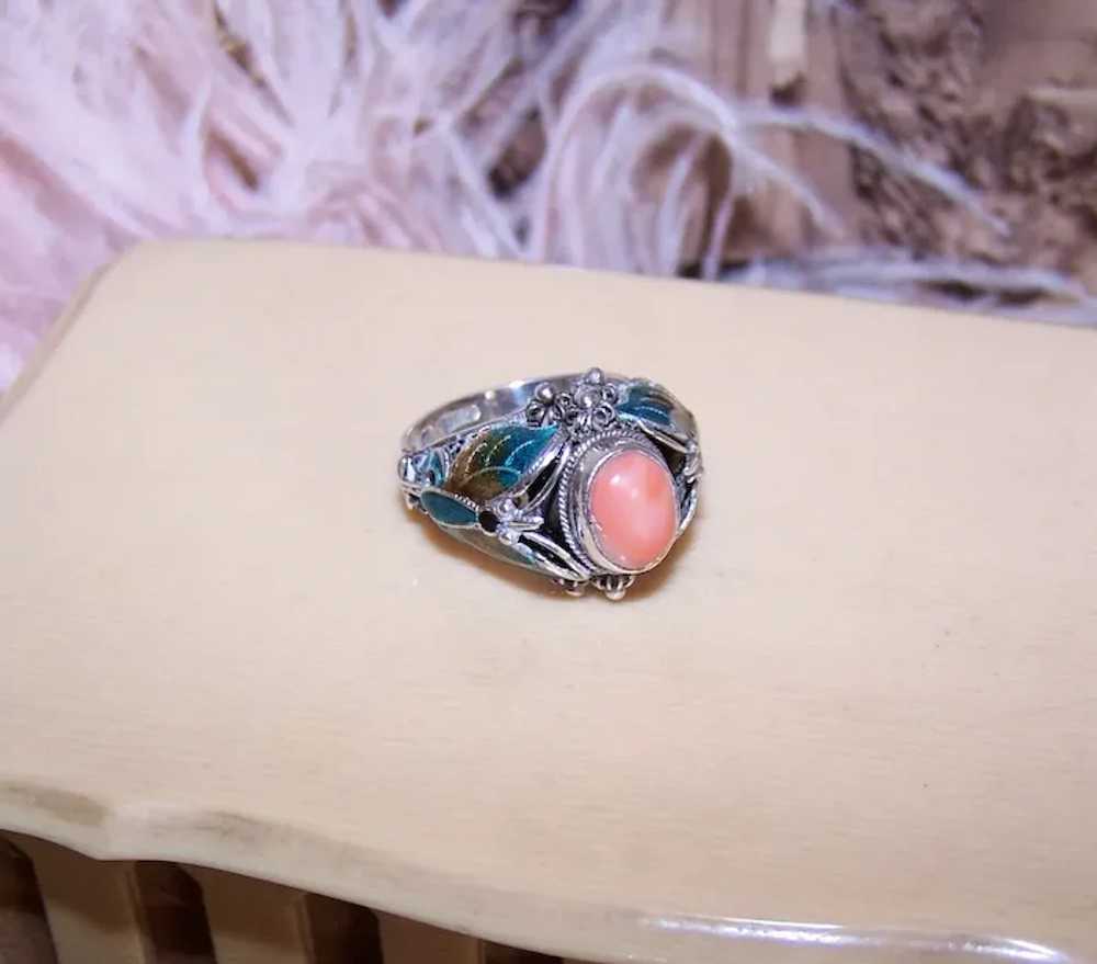 China Silver Enamel and Pink Coral Cab Butterfly … - image 7