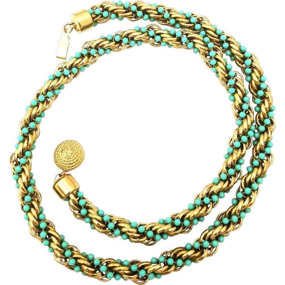 Avon Gold Tone Blue Woven Bead Necklace - image 1