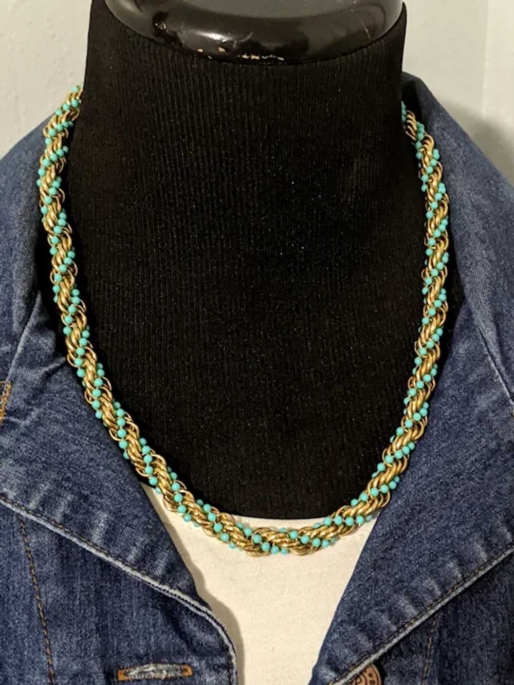 Avon Gold Tone Blue Woven Bead Necklace - image 2