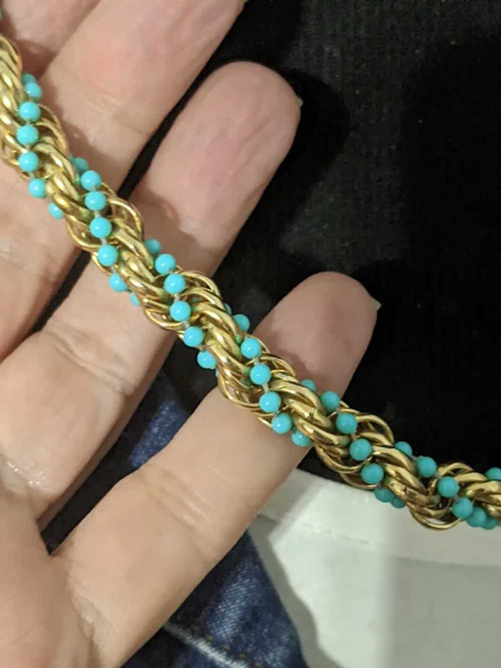 Avon Gold Tone Blue Woven Bead Necklace - image 3