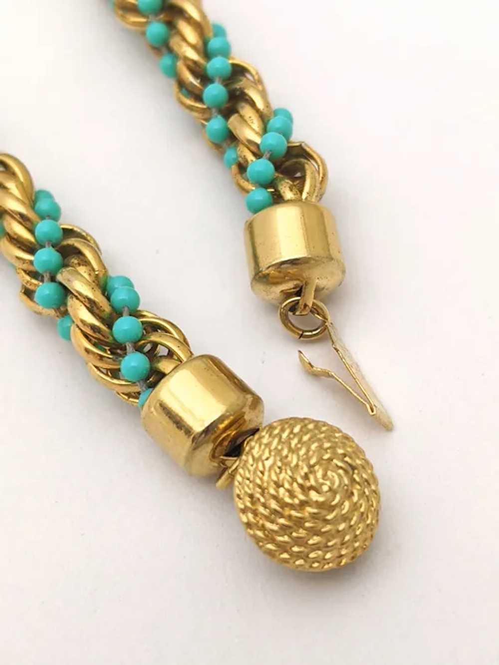 Avon Gold Tone Blue Woven Bead Necklace - image 6