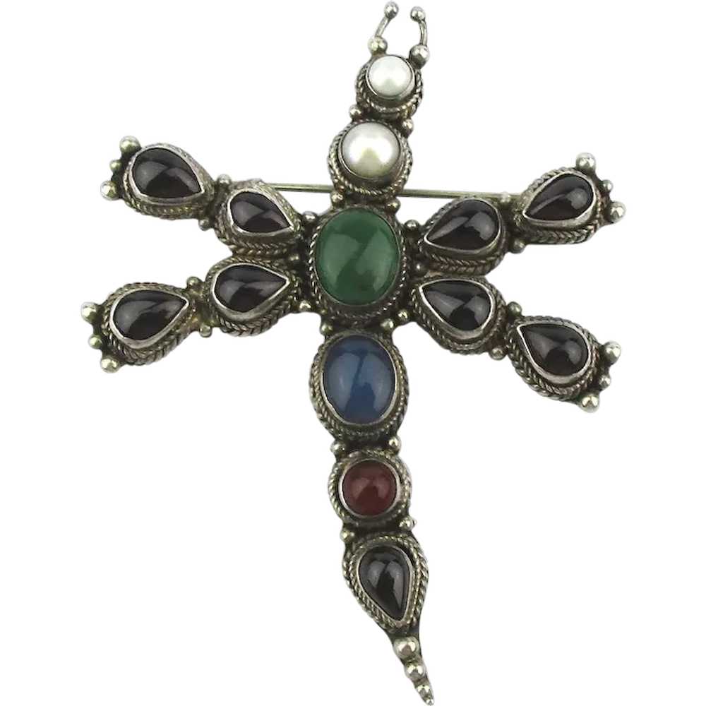 Super Lux Dragonfly Pin Pendant Jeweled Sterling … - image 1