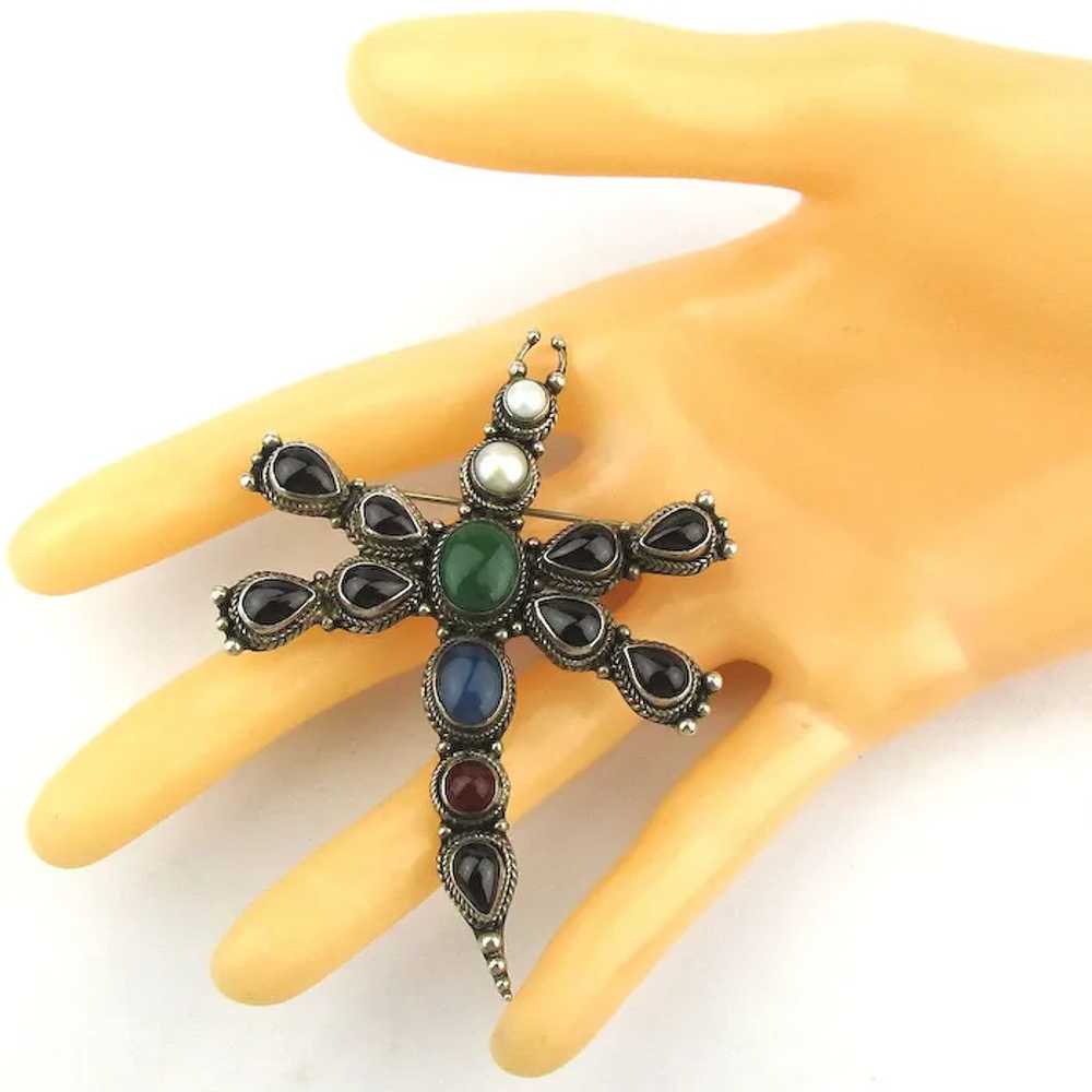 Super Lux Dragonfly Pin Pendant Jeweled Sterling … - image 3