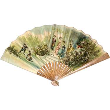 Huge Victorian Folding Hand Fan Faux Wood Grain F… - image 1