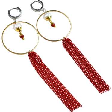 Long red tassel earrings, large lightweight party… - image 1