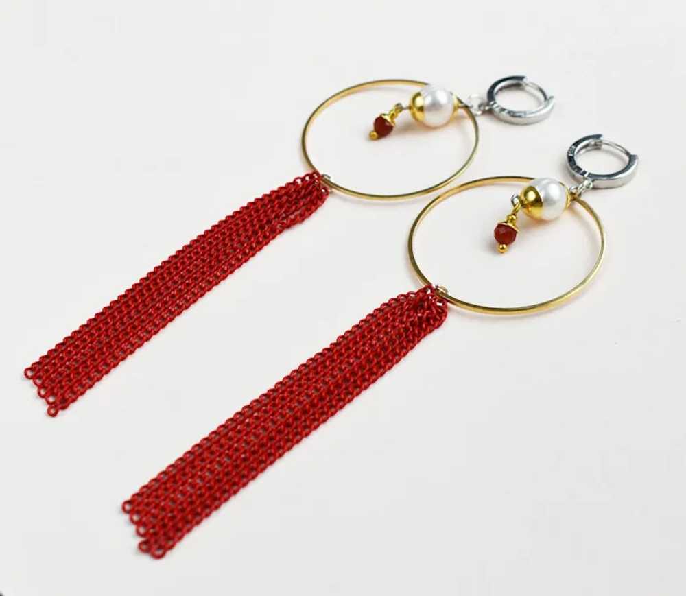 Long red tassel earrings, large lightweight party… - image 3