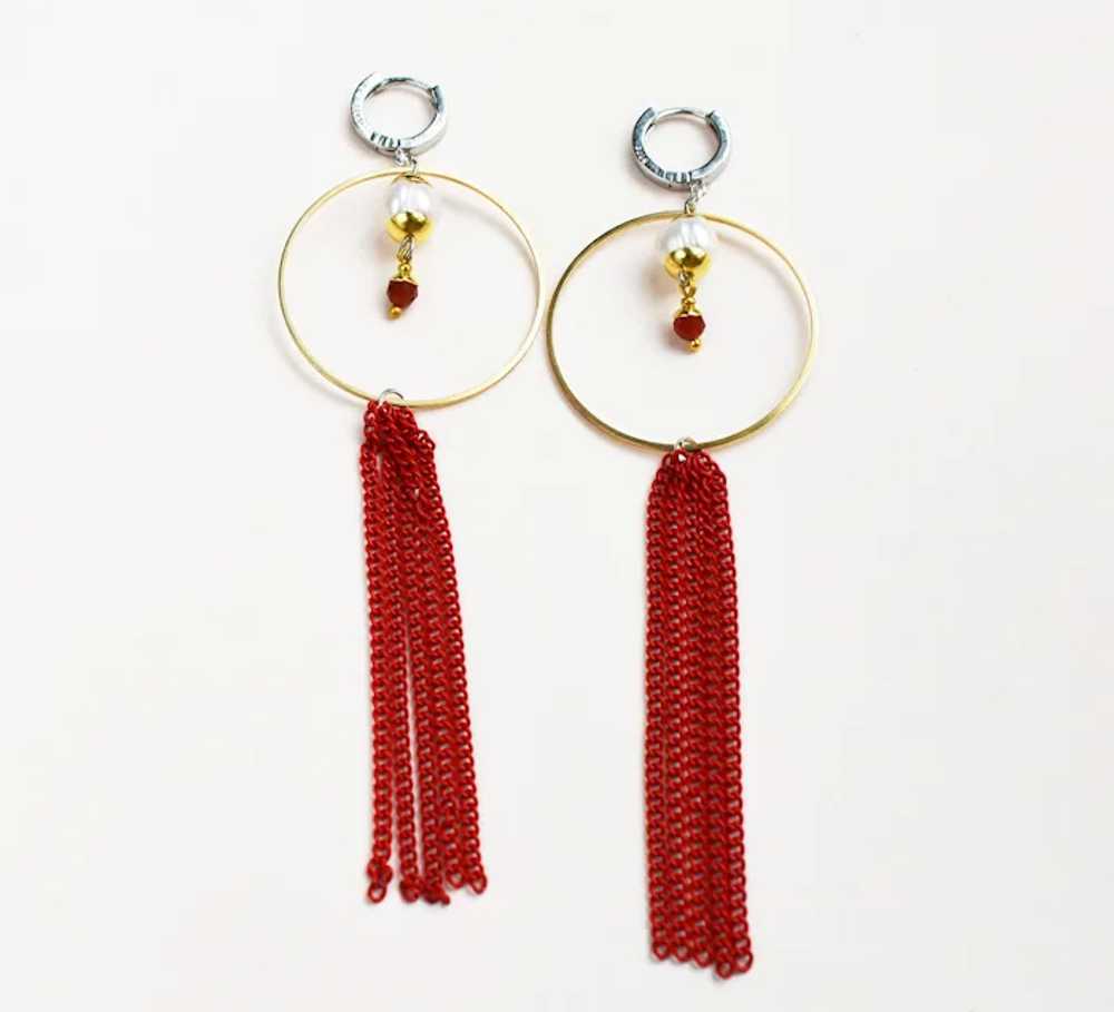 Long red tassel earrings, large lightweight party… - image 4