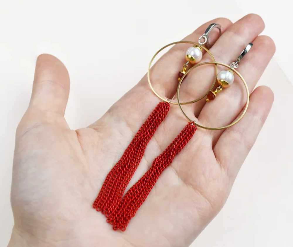 Long red tassel earrings, large lightweight party… - image 6