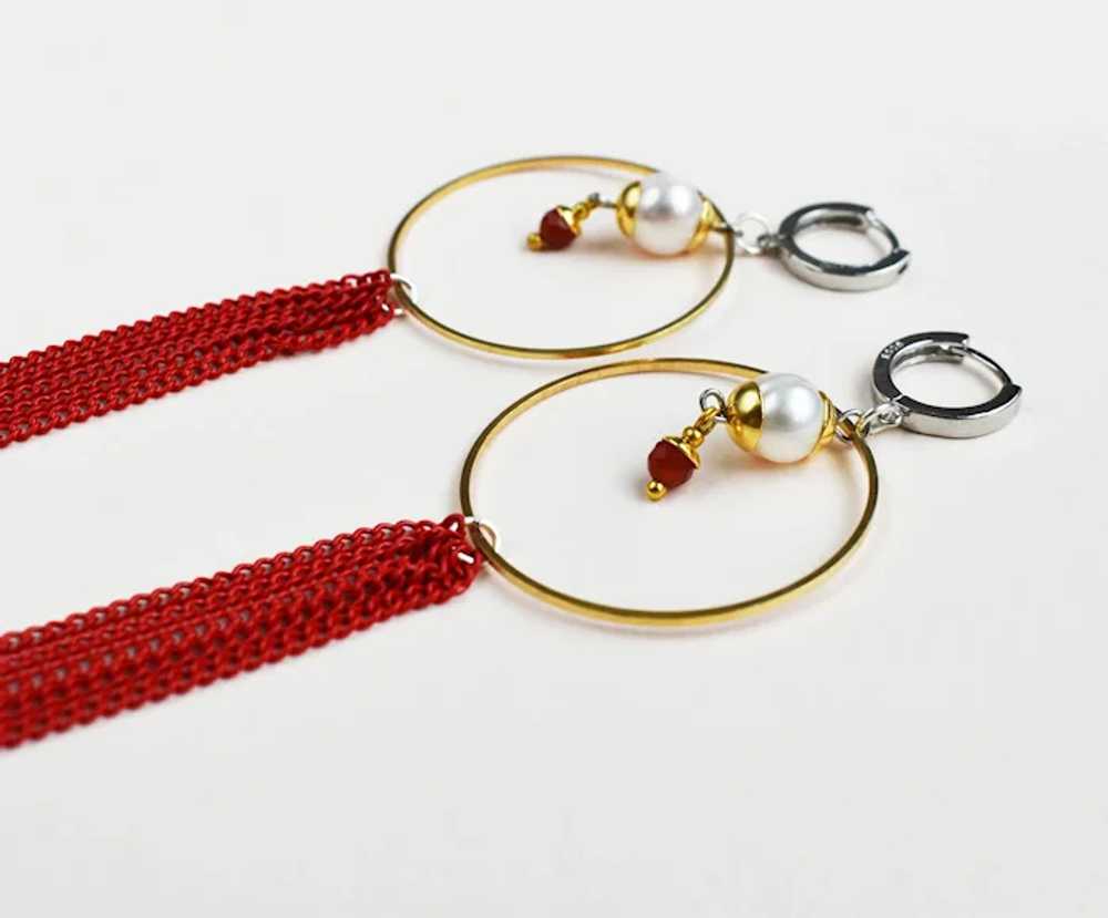 Long red tassel earrings, large lightweight party… - image 7