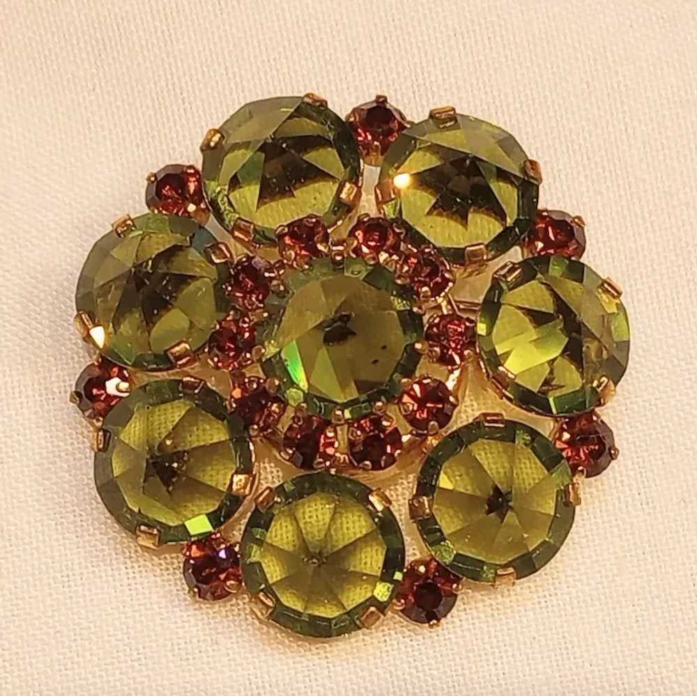 Inverted Austrian crystal brooch olivine green st… - image 2