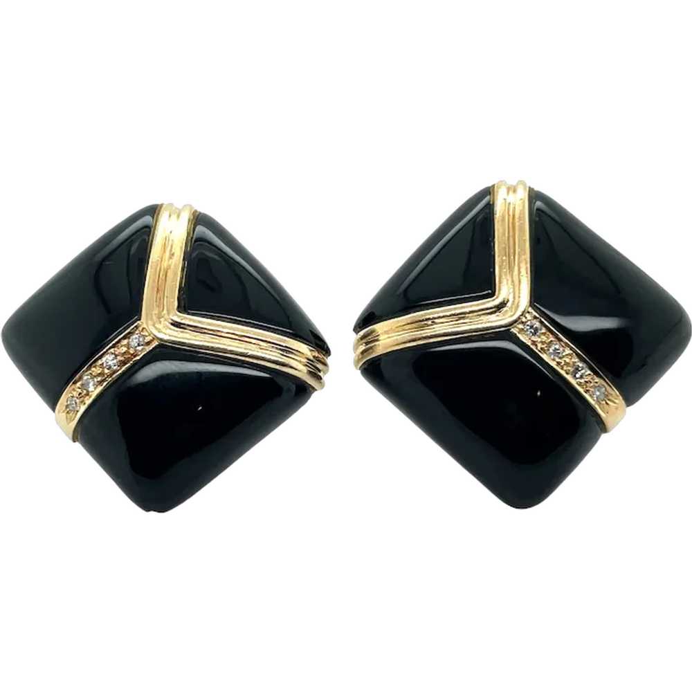 14K Yellow Gold Onyx and Diamond Earrings - image 1