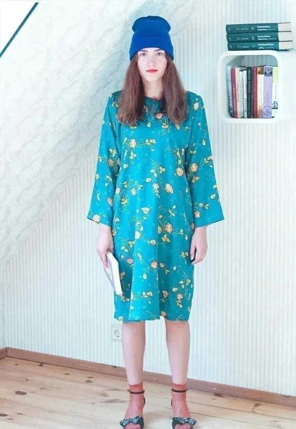 Bright teal blue long sleeve silky floral dress - image 1