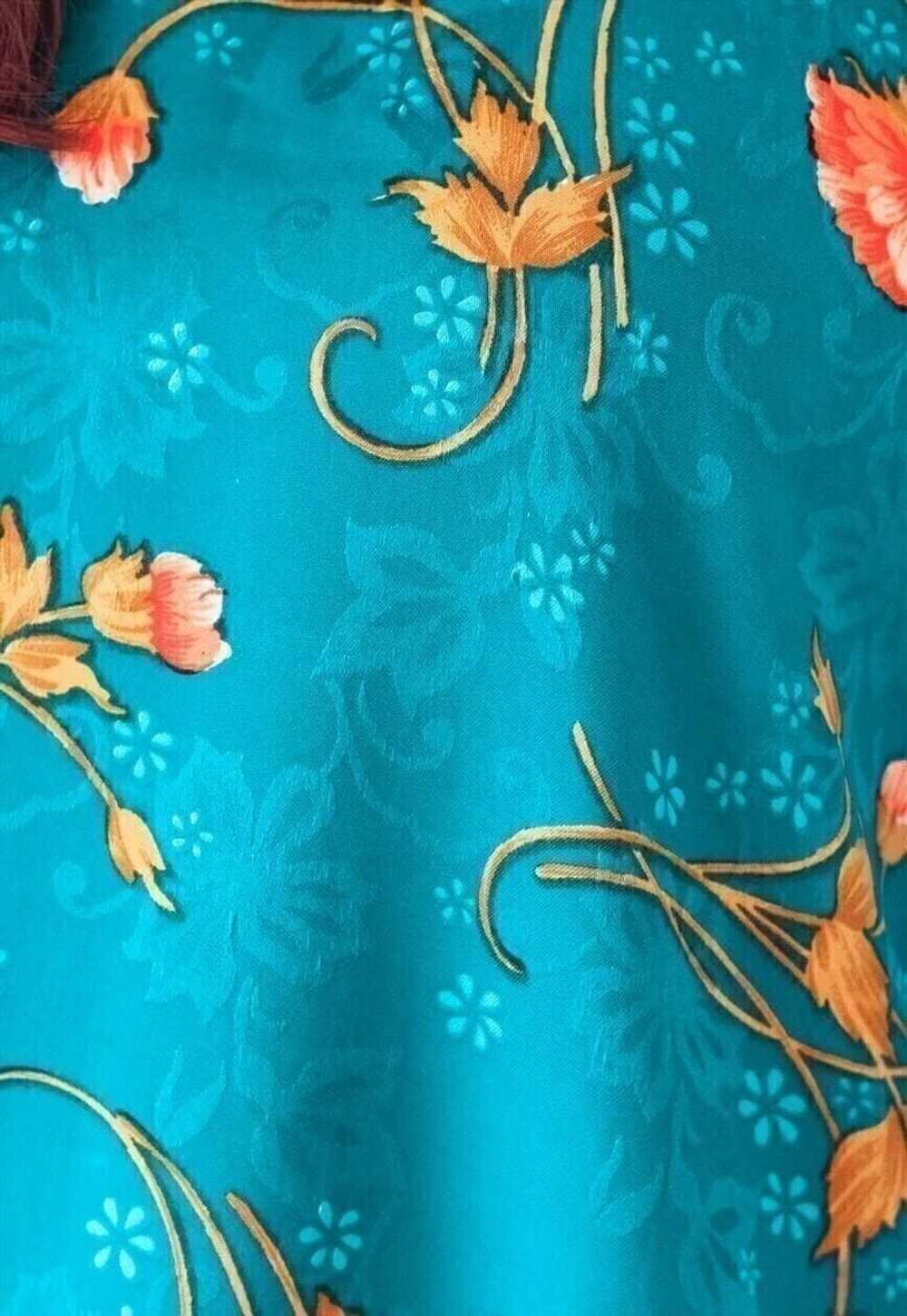 Bright teal blue long sleeve silky floral dress - image 2
