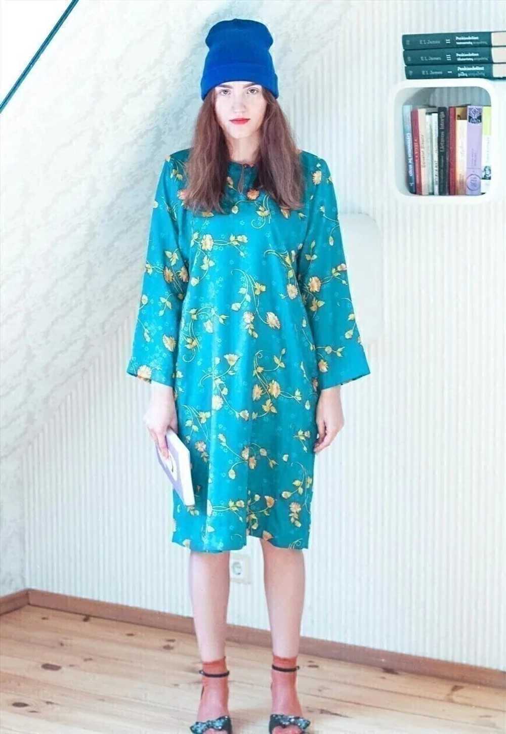 Bright teal blue long sleeve silky floral dress - image 3