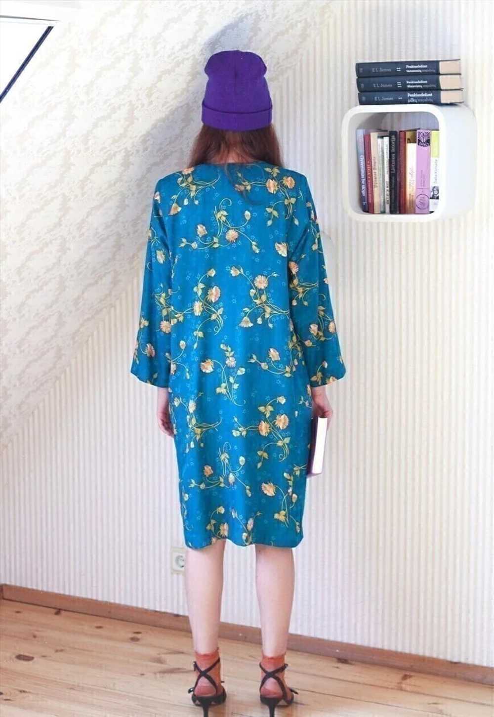 Bright teal blue long sleeve silky floral dress - image 4