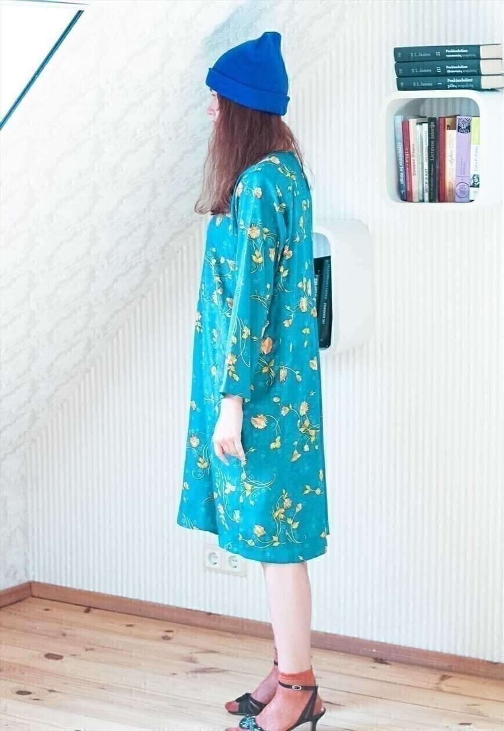 Bright teal blue long sleeve silky floral dress - image 5