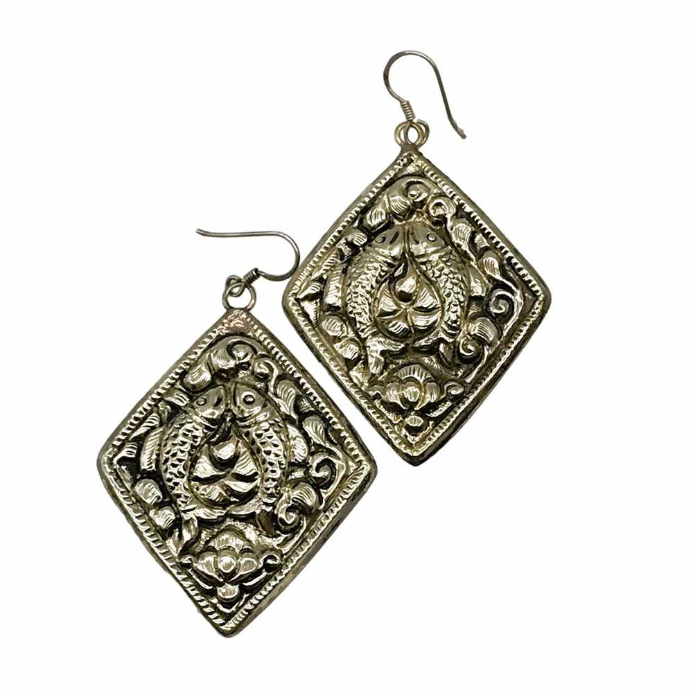 Vintage Tibetan Silver Lucky Fish Pisces Earrings… - image 1
