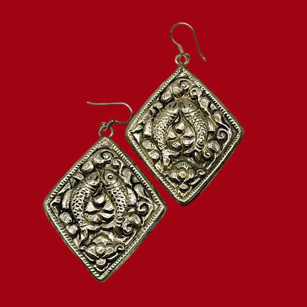 Vintage Tibetan Silver Lucky Fish Pisces Earrings… - image 2