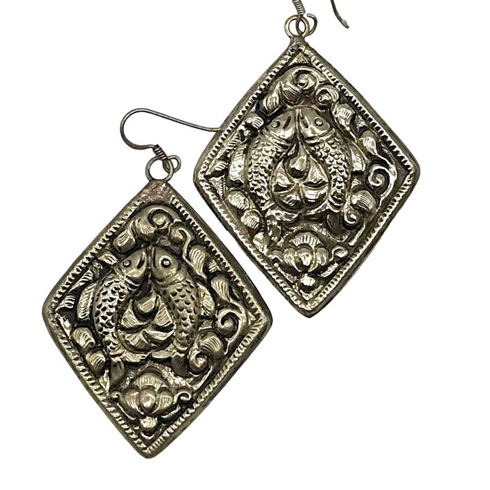 Vintage Tibetan Silver Lucky Fish Pisces Earrings… - image 3