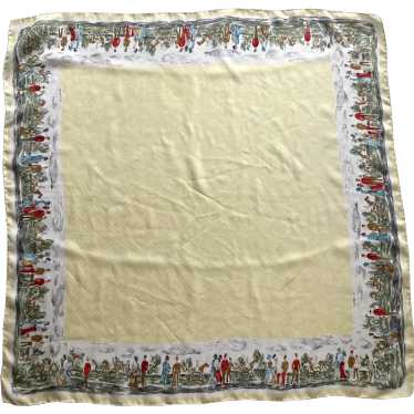 1950's Silk Square Scarf With Horses & Figures In… - image 1
