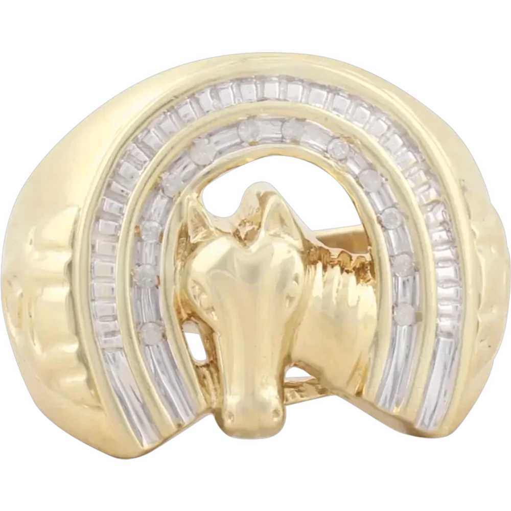 Mens 10k Yellow Gold Lucky Horseshoe Diamond Ring… - image 1