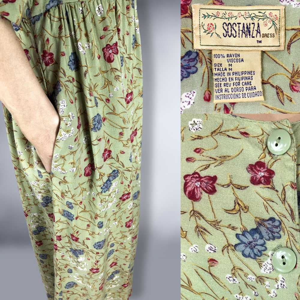 90s Vintage Sage Green Floral Rayon Empire Waist … - image 2
