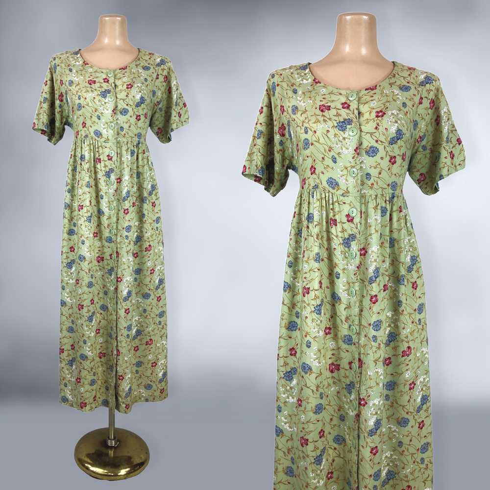90s Vintage Sage Green Floral Rayon Empire Waist … - image 3