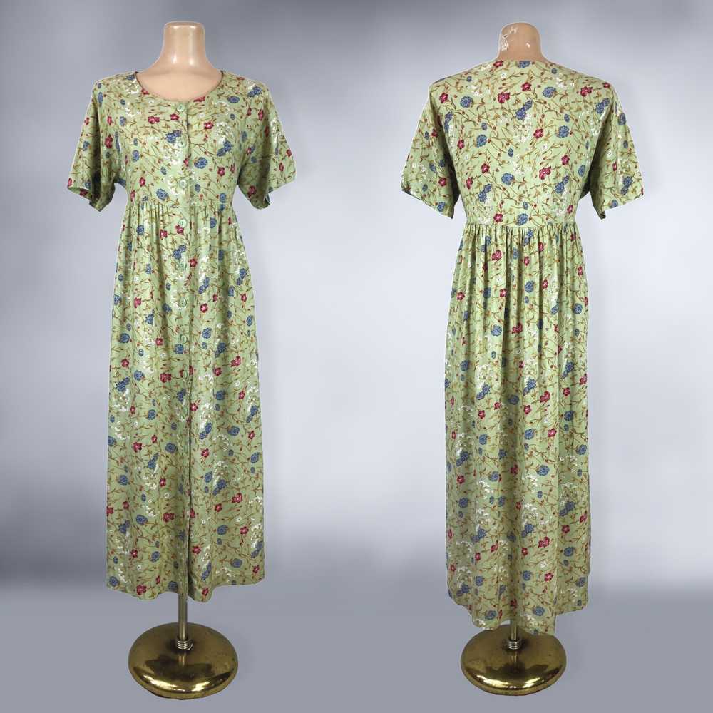 90s Vintage Sage Green Floral Rayon Empire Waist … - image 4