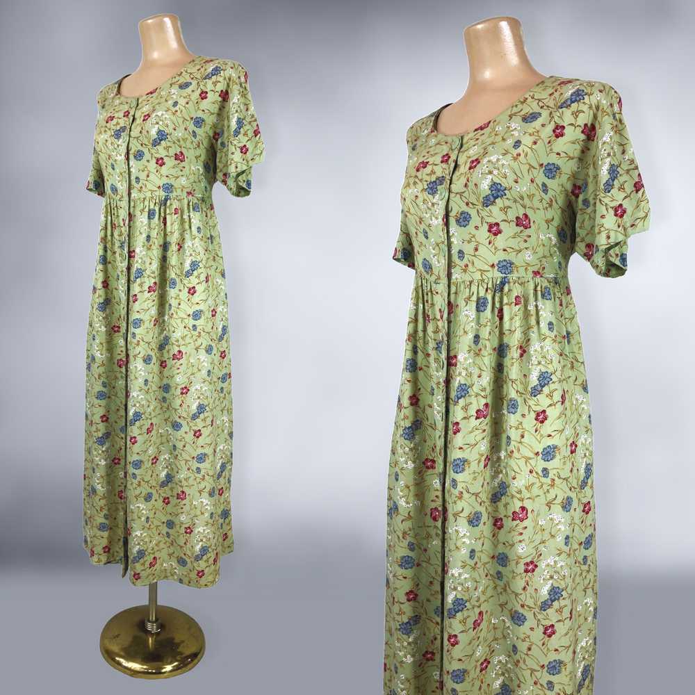 90s Vintage Sage Green Floral Rayon Empire Waist … - image 6