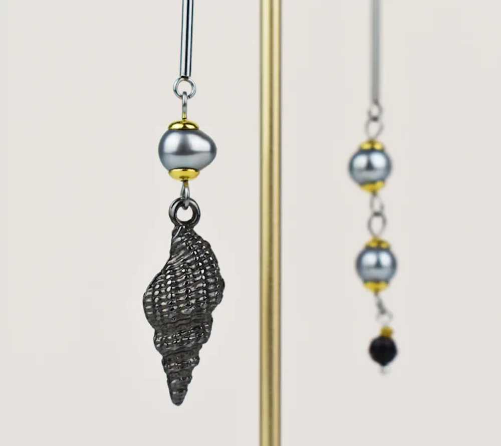 Auger seashell drop earrings, accent gray pearl m… - image 3