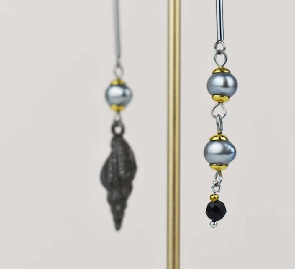 Auger seashell drop earrings, accent gray pearl m… - image 4