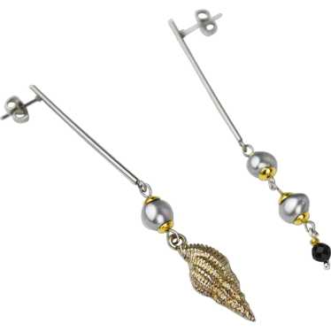 Auger seashell drop earrings, accent gray pearl mi