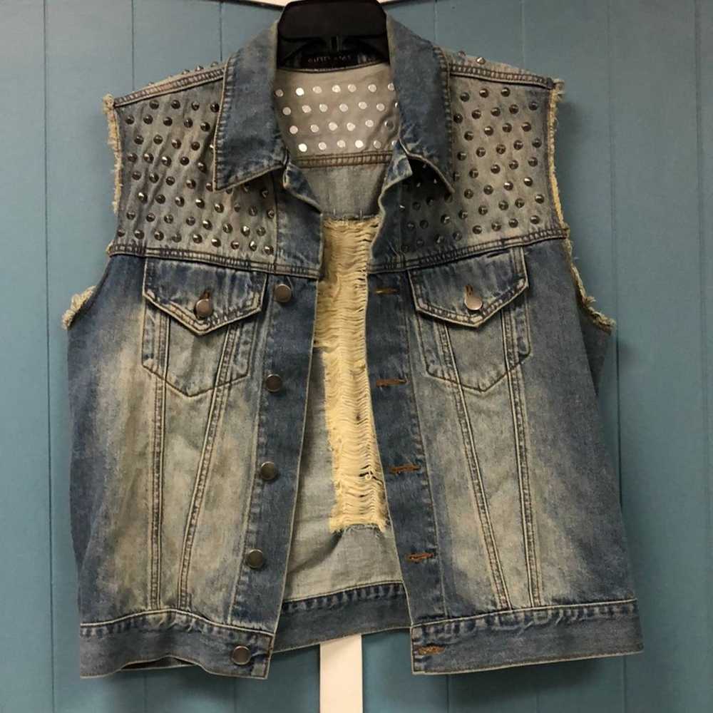 Vintage Glitzy Rags denim jean Vest with studs CR… - image 3