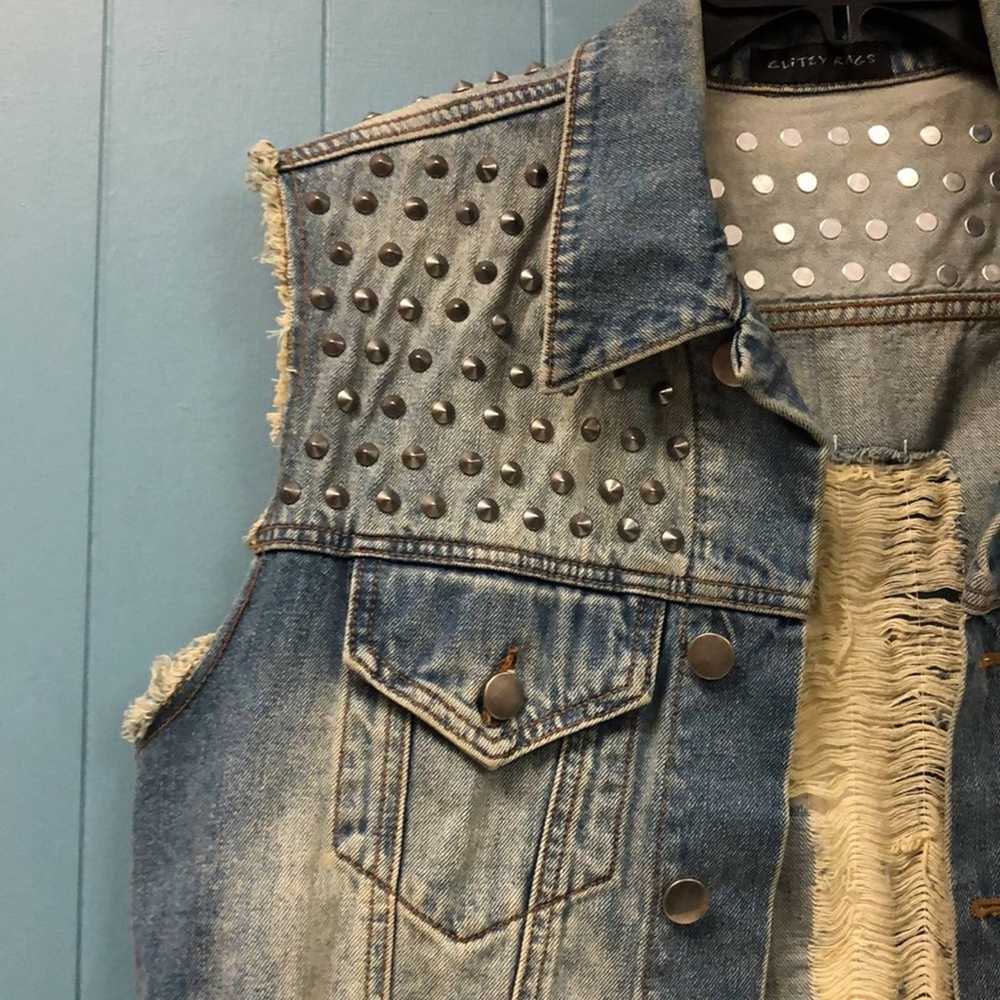 Vintage Glitzy Rags denim jean Vest with studs CR… - image 5