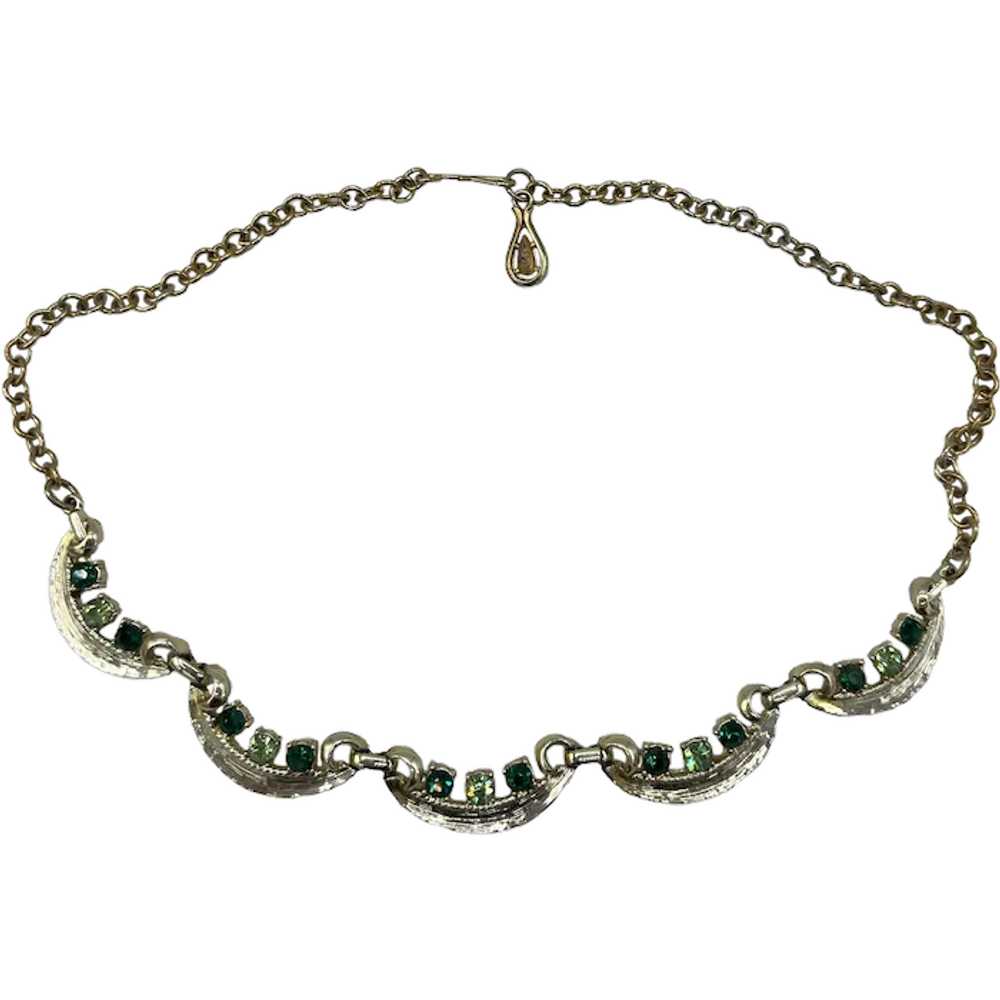 Vintage 1980s Scallop Link Choker with Green Rhin… - image 1
