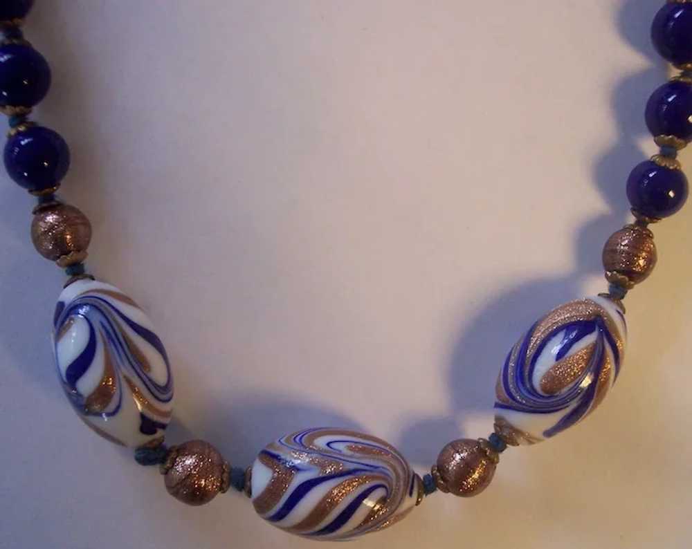 Cobalt Blue Gold Swirl Italian Venetian Glass Bea… - image 2